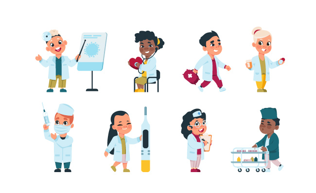 可爱的卡通儿童人物扮演护士医生医学人士矢量有趣的孩子们