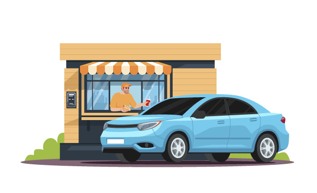 快餐服务汽车矢量插图小吃店服务员咖啡馆自助餐快漫画人物矢量图片