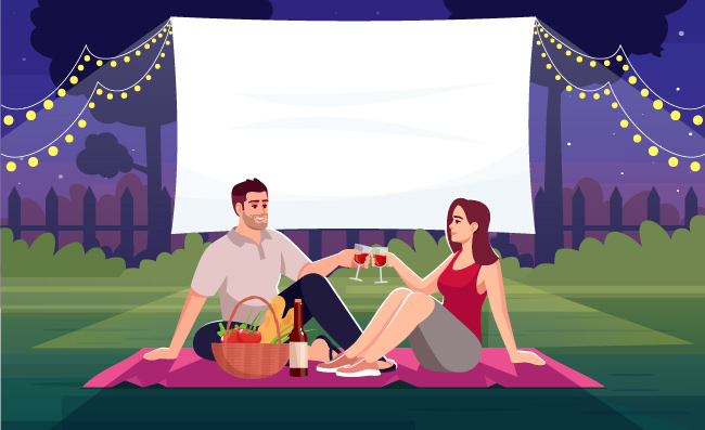 恋人浪漫周末野餐观看电影的夫妇漫画人物