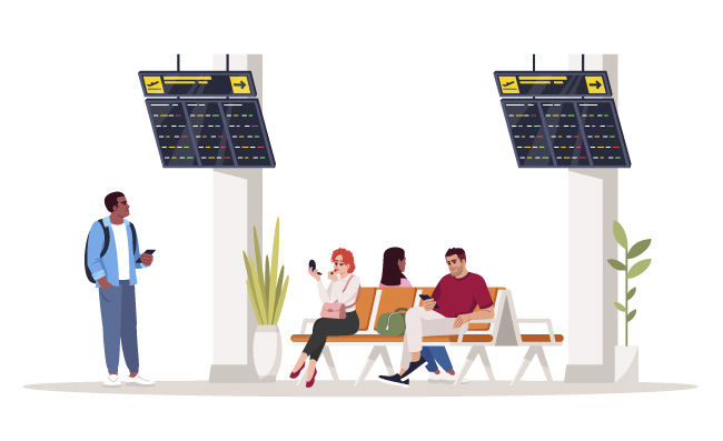 旅客乘客客运站火车站机场等待候车登机的人员漫画插图