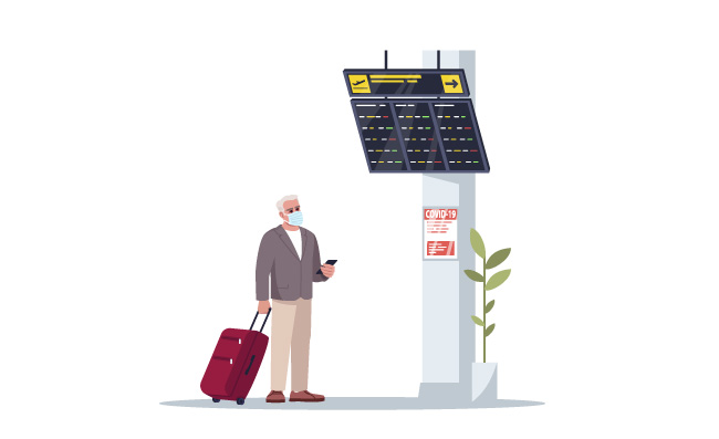 旅客乘客客运站火车站机场等待区观看显示屏查看出行信息的人物漫画插图