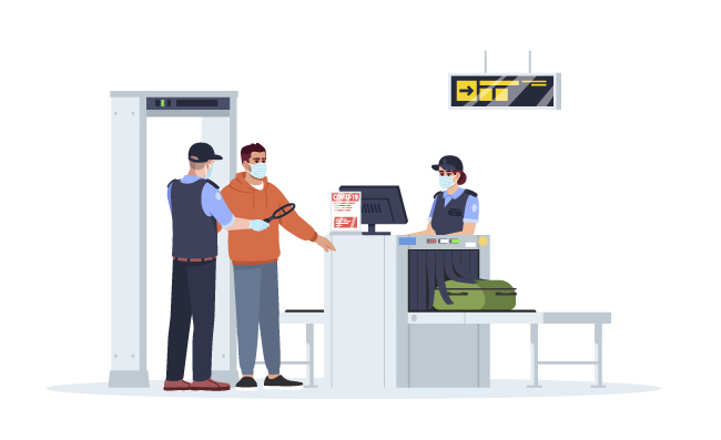 旅客机场候机室行李安检戴着口罩等待登机的卡通飞机乘客和工作人员
