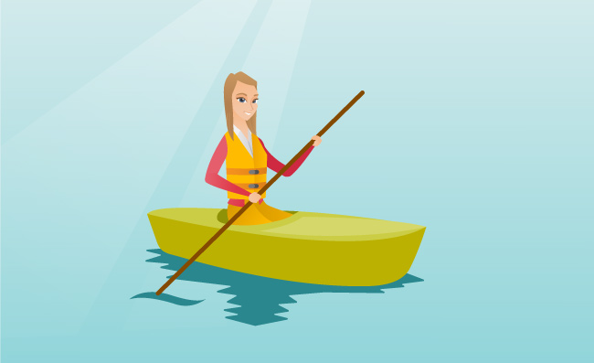 旅行者女人乘皮划艇河上女运动员划独木舟矢量插画