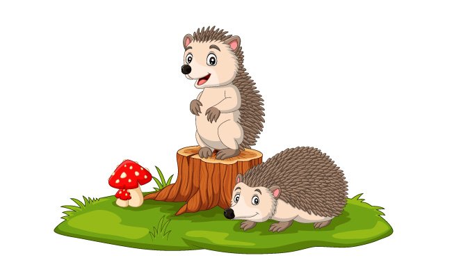站在树桩上的卡通可爱动物刺猬图片矢量动物素材