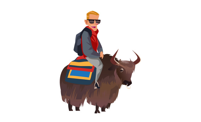 坐在牦牛背上的旅游背包客人物动物矢量素材
