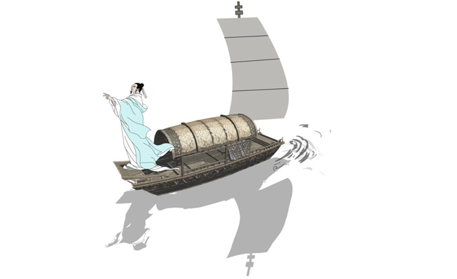 古代人乘坐的帆船动画水墨视频mov通道素材