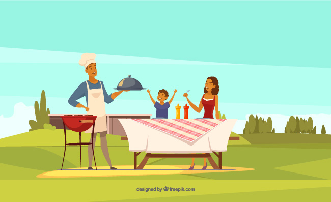 野餐聚会家庭烧烤场景人物矢量插图