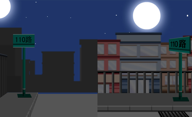 月光下城市路牌手绘二维动漫场景素材