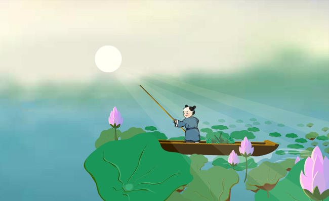 中国风水墨小男孩划船游过荷花丛的动画模板