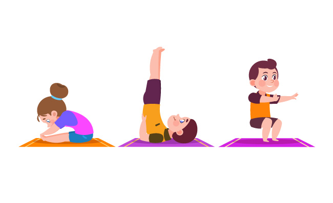 做瑜伽锻炼的女孩和男孩健身房矢量儿童瑜伽静坐等不同动作矢量姿势
