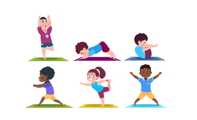 做瑜伽体育运动的女孩和男孩健身房矢量儿童瑜伽静坐等不同动作矢量姿势