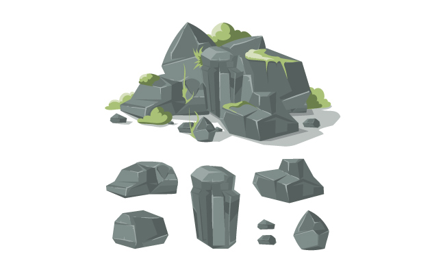 自然巨石石头岩石卡通矢量石头上的苔藓游戏元素矢量
