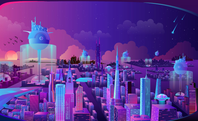 未来科技现代城市夜景插图矢量