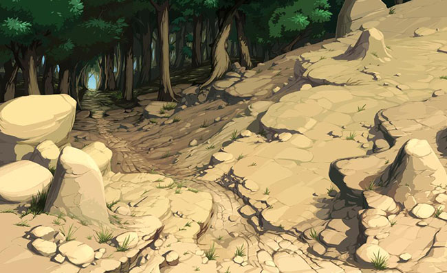 森林旁边土路山坡路手绘CG动画背景素材