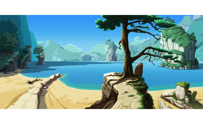 山间的湖泊石林手绘背景动画场景素材