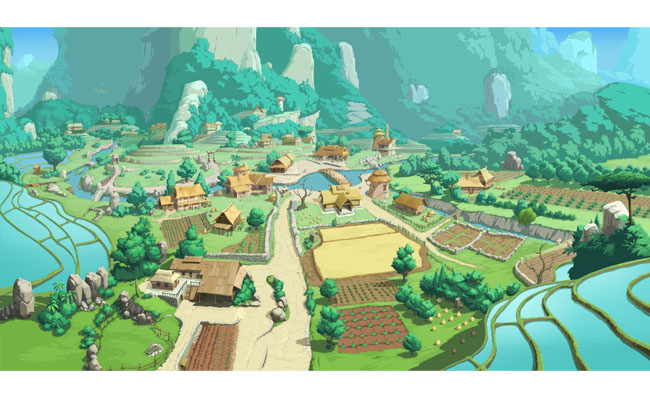 山间小村庄俯视全景图手绘CG背景