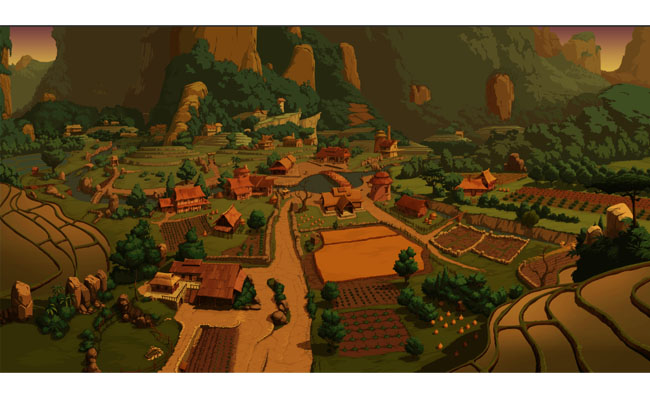 天色已晚下的山川小村庄手绘动画背景素材