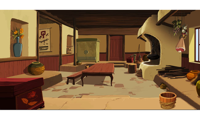 乡下室内灶台及餐桌白天动画背景素材