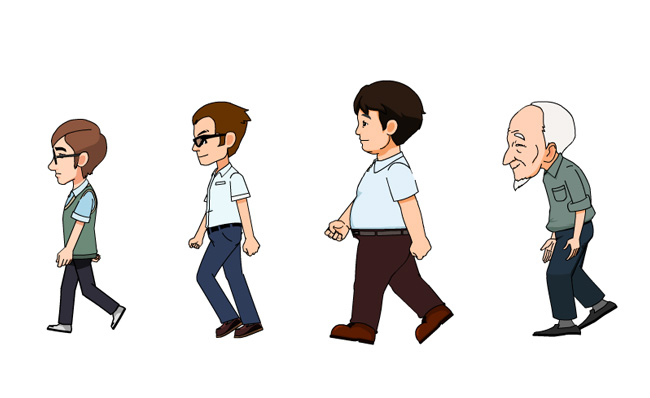 男人不通阶段年龄段走路动作姿态二维动画模板