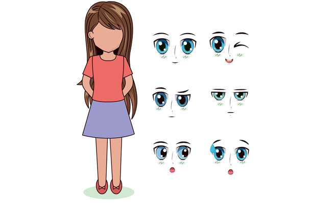 手绘日系女孩蓝色眼睛动漫表情库素材
