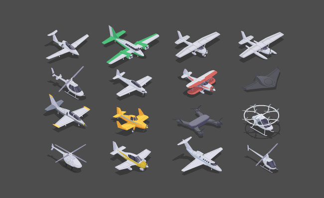 航空运输等距图标小型飞机直升机和无人驾驶飞机3d矢量图