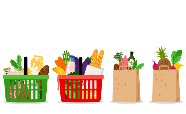 杂货食品篮生态购物袋和购物篮矢量超市插画杂货食品篮