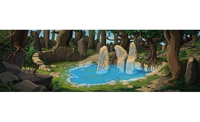 山林中石雕建筑水潭手绘动画背景素材