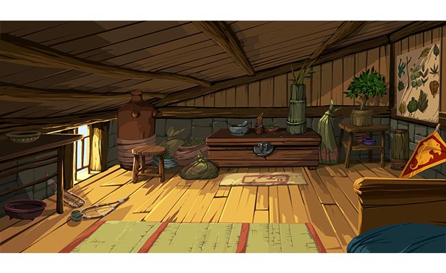 野外木屋室内卧室的一角手绘动画背景素材