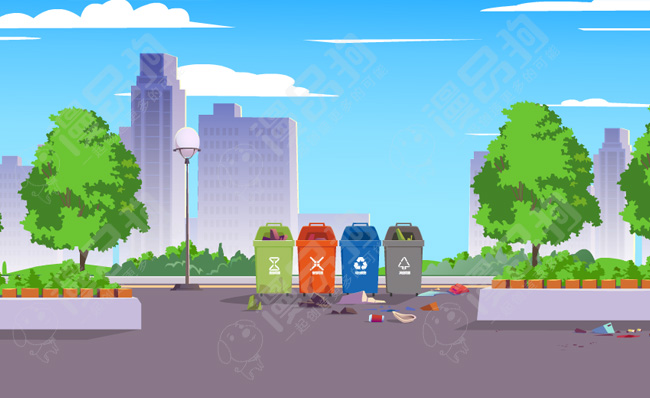户外道路旁垃圾桶保持干净整洁动漫场景素材