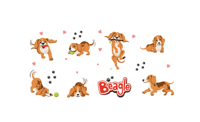 有趣的运动狗用不同的动态姿势的字符坐和摇宠物愉快的字符狗小猎犬友好的动物狗例证宠物图片