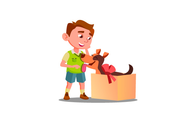 愉快的小男孩从礼物盒里取出狗传染媒介插图愉快的小男孩从礼物盒里取出狗传染媒介孤立的插图