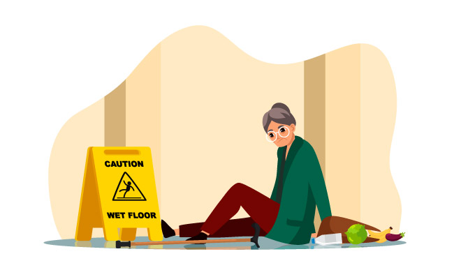 注意脚下安全摔倒的老年人警告标志湿滑的地面跌倒的老人散落的购物袋食物