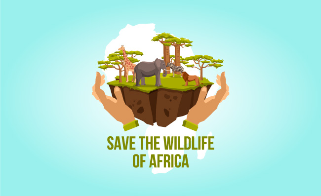 拯救非洲概念的野生动物用手照顾斑马狮子长颈鹿大象和树概念矢量图来拯救非洲的野生动物图片