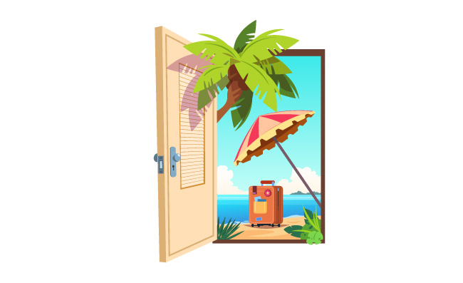 打开的门开放式入口与室外夏季景观天堂和旅行插图