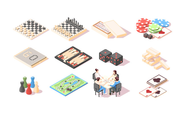 带有不同棋盘游戏设备的彩色 3d 图标和玩多米诺骨牌的人隔离矢量插图