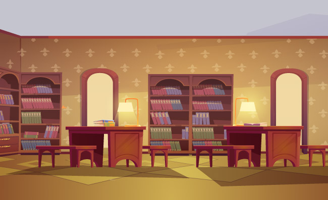 图书馆内部阅读室木制书柜架上收藏着各种书籍文学读者的舒适场所卡通矢量图书馆内场景