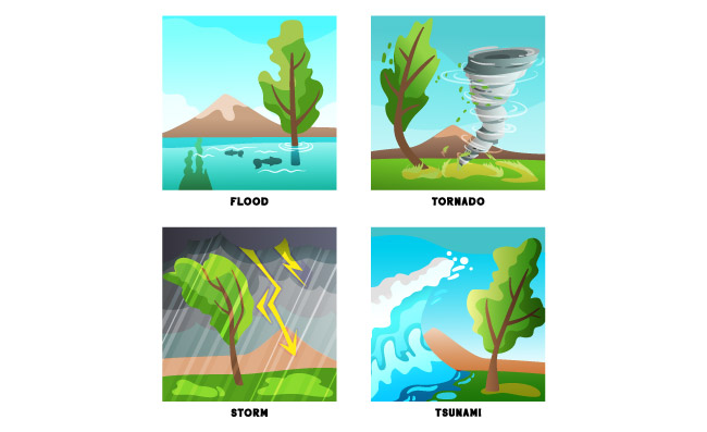 孤立的卡通自然灾害组成与风暴洪水龙卷风和海啸波矢量图片