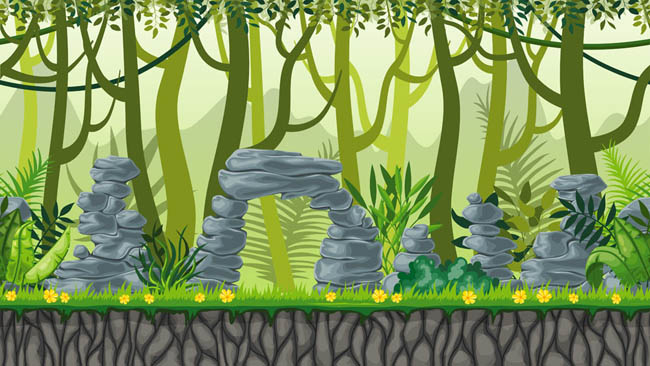 草地上的石块和植物矢量图动画场景素材