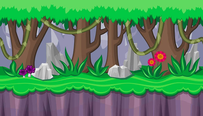 游戏场景石头鲜花和树木矢量图