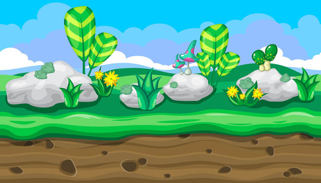 动画场景游戏草地上的石块和植物矢量图素材