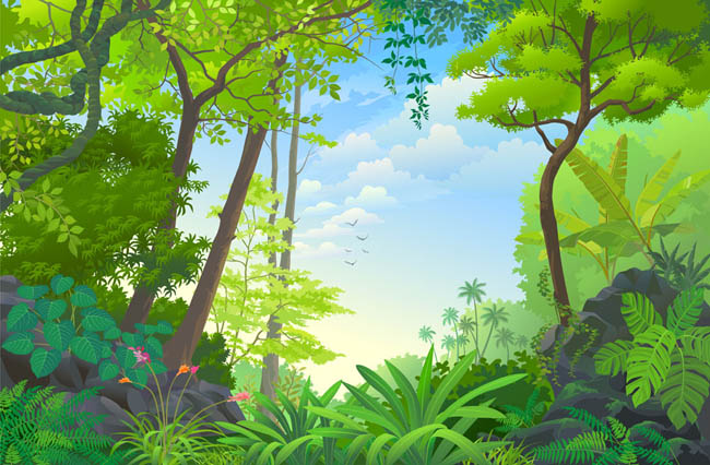 动画场景绿色的丛林矢量图素材