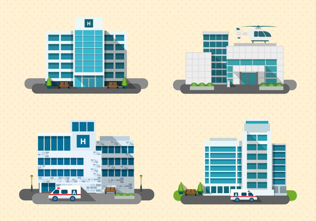 4款扁平化动画医院设计模型矢量图素材