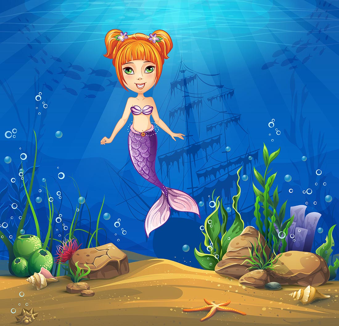 海岛游戏界面矢量素材卡通形象美人鱼美丽海