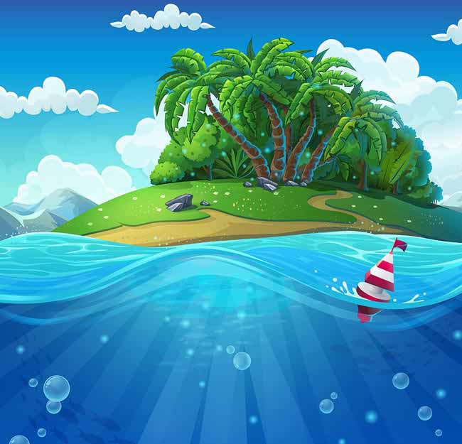 海岛游戏界面矢量素材蓝天白云椰树棕榈树浮