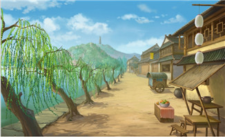 ps场景动画背景古城小河旁