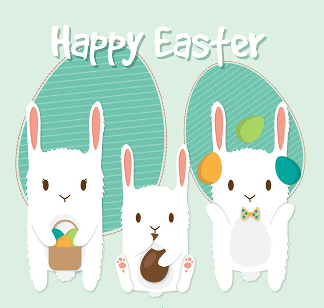 三只白兔复活节剪贴贺卡矢量图