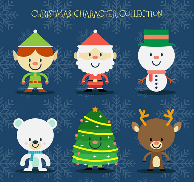 6款可爱圣诞角色和圣诞树矢量图