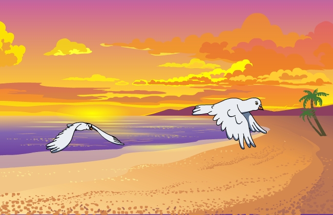 海滩上白鸽飞翔动作动画素材下载