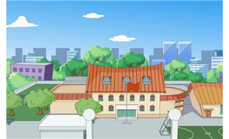flash场景素材学校全景飘动的红旗