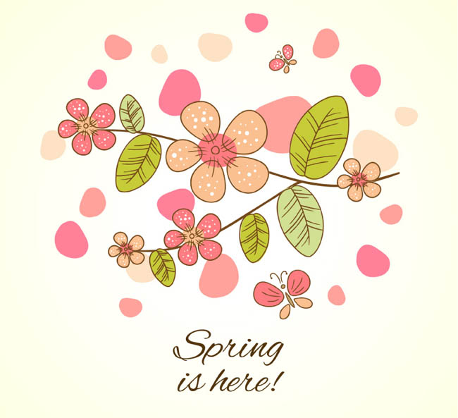春季卡通花卉与蝴蝶矢量图